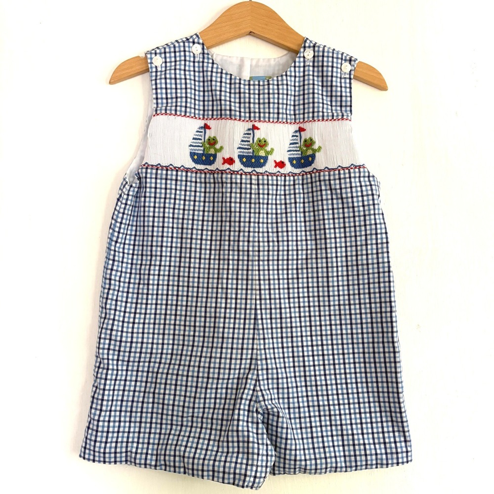 Velani‎ Classics Blue Gingham Hand Smocked Frog Sailboat Romper 24M Sleeveless